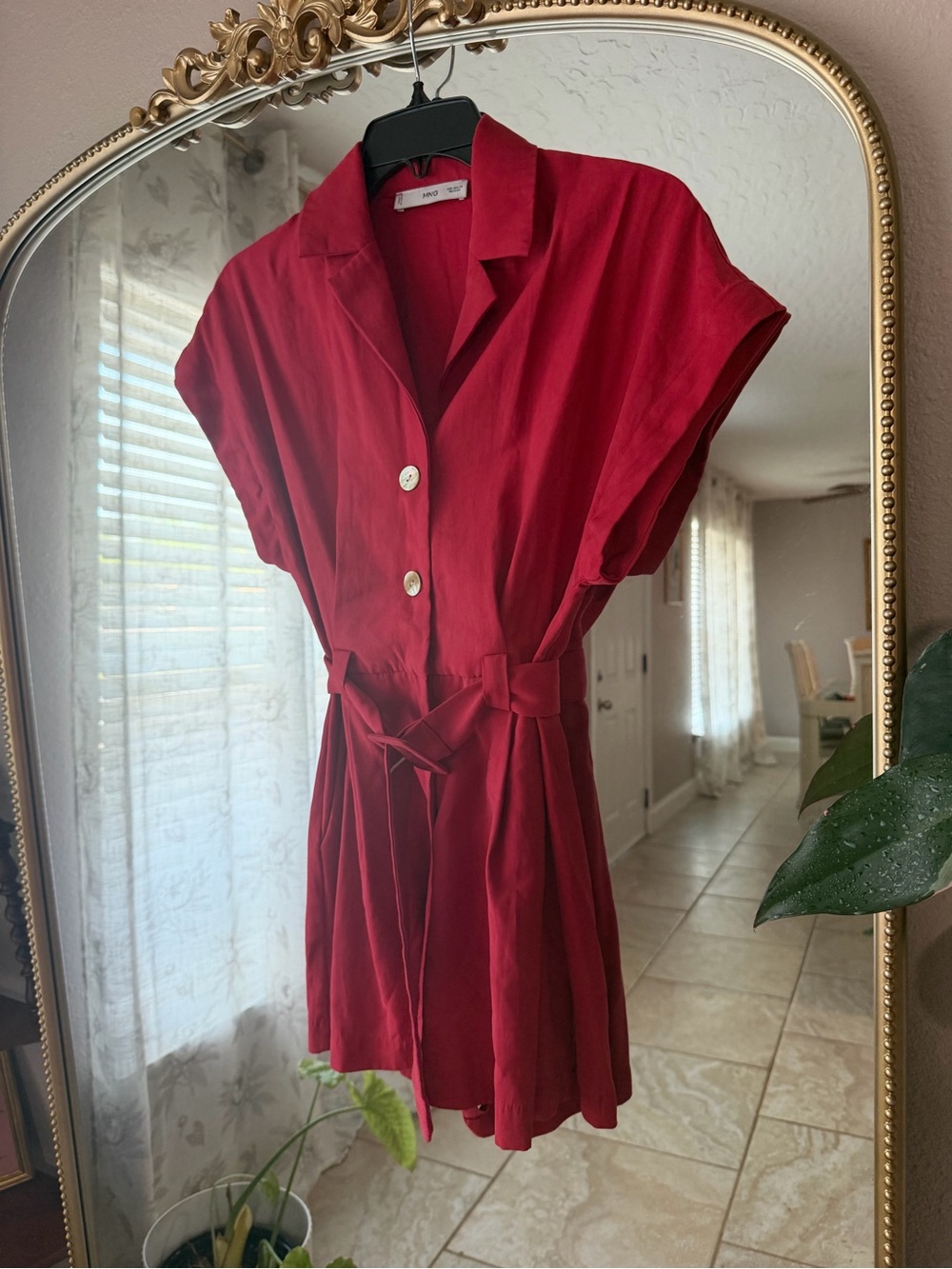Mango Red Mini Shirt Dress with Tie Waist